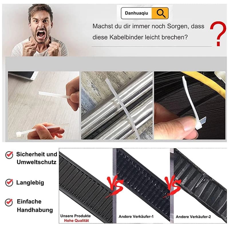 Fascette stringicavo nere, confezione da 300 mm x 7,6 mm, ultra resistenti ai raggi UV, con resistenza alla trazione di 75 kg, resistenti al calore
