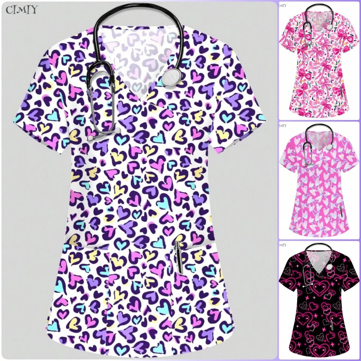 Uniforme medica elastica con scollo a V con stampa a cuore per donna Casual manica corta Tasche rattoppate Top Scrub Uniformi mediche Donna