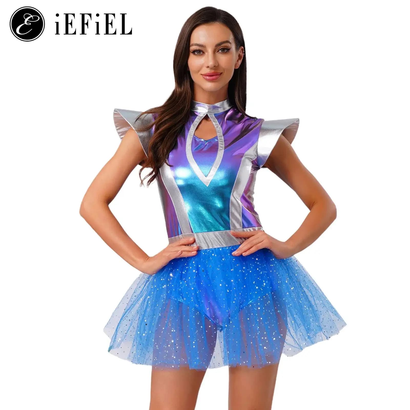 Women's Outdoor Space Astronaut Alien Robot Cosplay Costume Halloween Body with Metallic Amateur Sleeves Sweatsuit for Rave Party