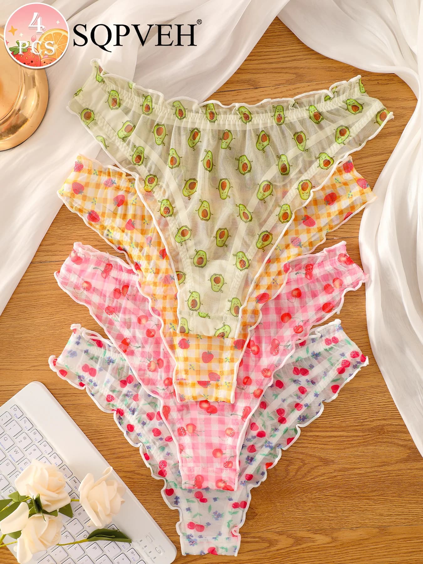 4 Pezzi Perizoma da Donna in Rete con Stampa Frutta, Bordo Arricciato e Fiocco Decorativo, Slip Trasparenti, Intimo Sexy e Carino