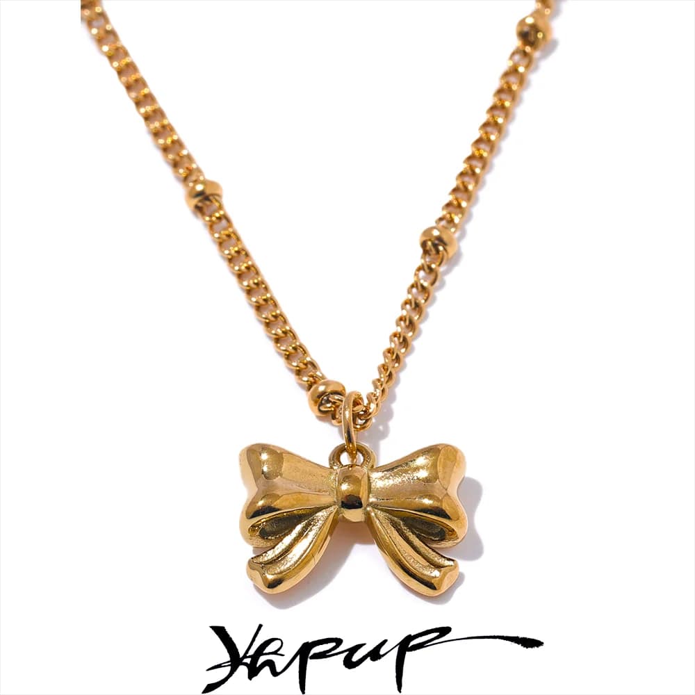 Yhpup Moda Donna Acciaio inossidabile Bowknot Popolare Collana quotidiana Ciondolo in oro 18 carati PVD placcato Gioielli eleganti Ornamenti Regalo