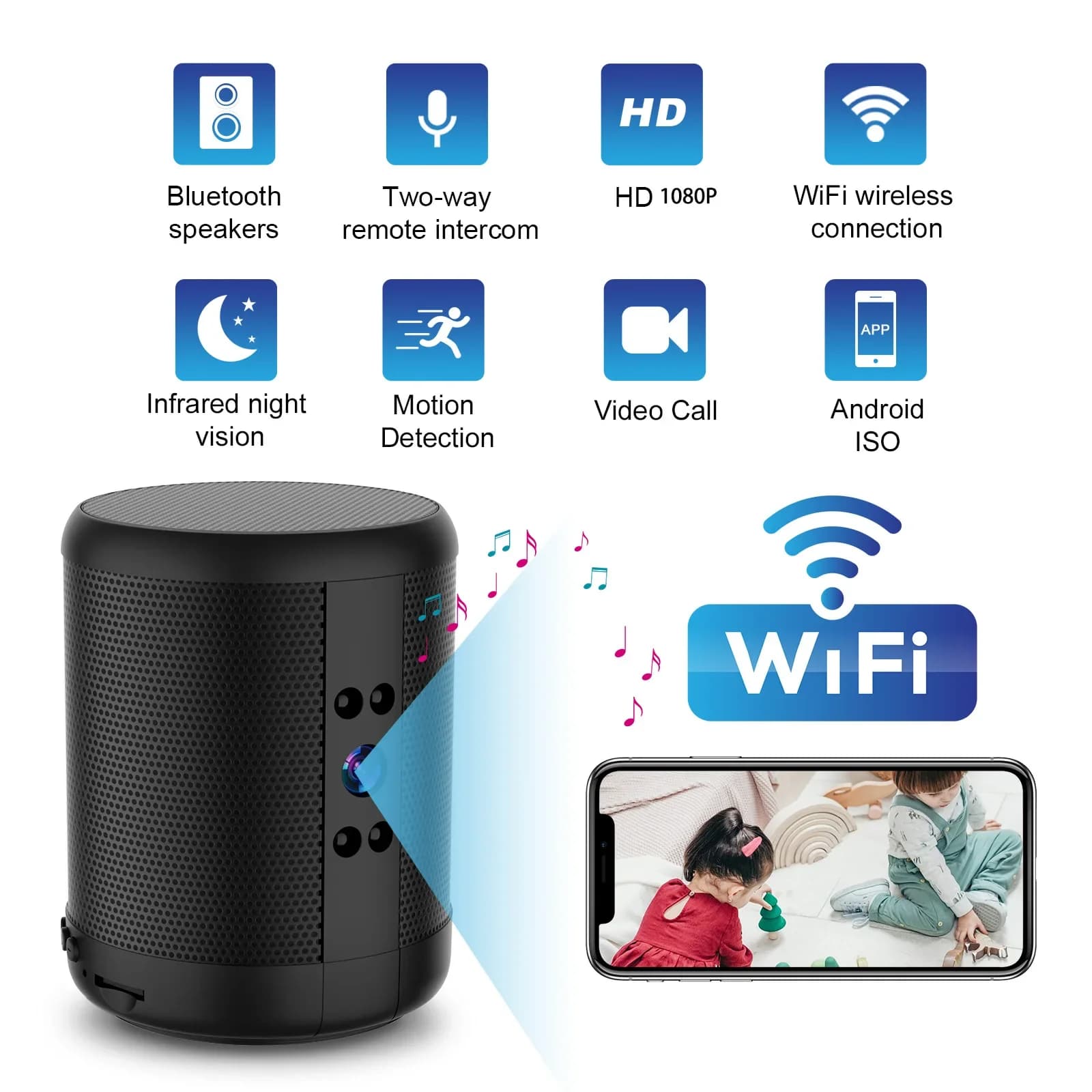 Telecamera di Sicurezza WiFi con Altoparlante, Registratore Video HD, Visione Notturna, Lente Grandangolare 140 Gradi, Comunicazione Bidirezionale, Registrazione in Loop 2K per Ufficio