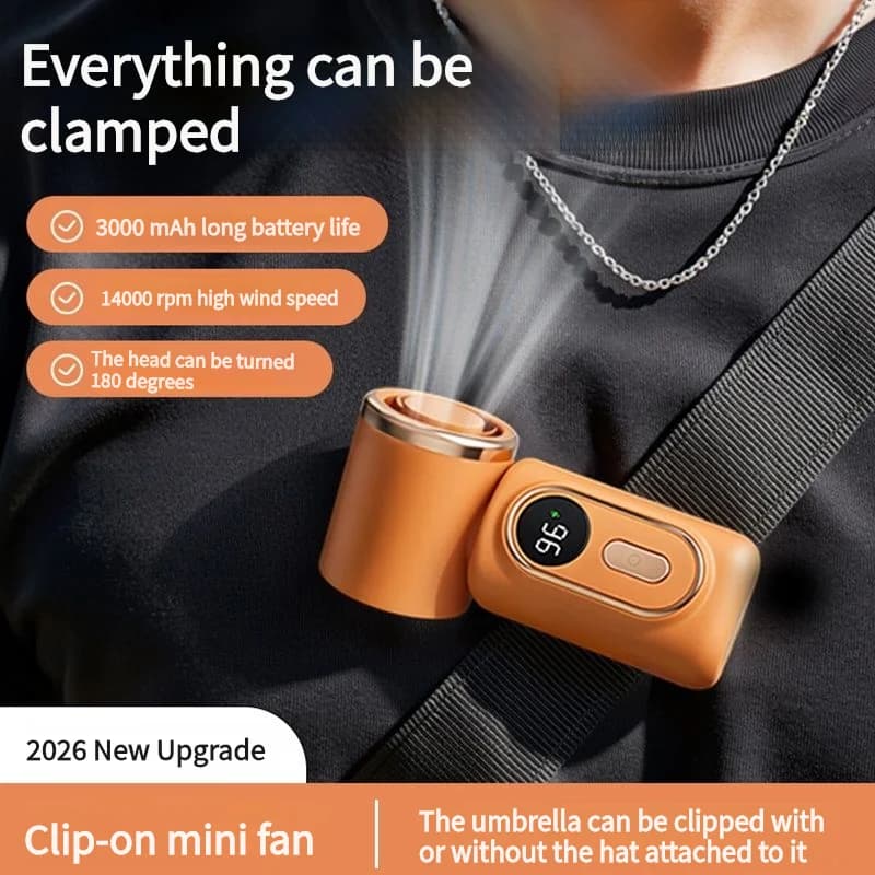 Ventilatore portatile palmare mini con clip, funzione supporto per ombrello, rotazione, ricarica USB, compatto, per raffreddamento personale, campeggio all'aperto