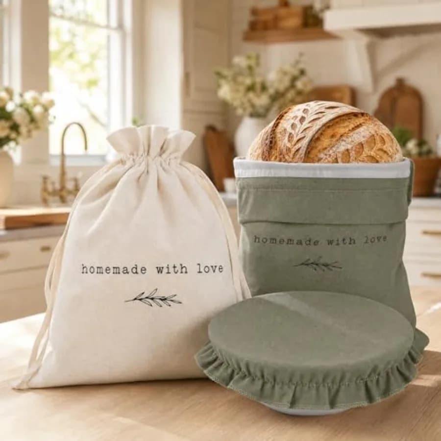 Beautiful Linen Bread Bag Set and Proofing Cover For Homemade Sourdough Bread - Keeps Your Loaf Fresh for Days - Reusable and E