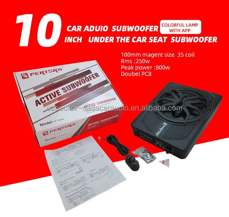 Subwoofer attivo per auto QPERTORS QP-10NLED da 10 pollici con LED colorati, RMS 250W, amplificatore integrato e telecomando cablato.