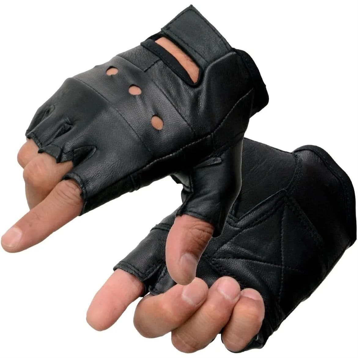 Guanti da Moto Senza Dita in Pelle Nera da Uomo con Imbottitura in Gel sul Palmo e Nocche Aperte Traspiranti