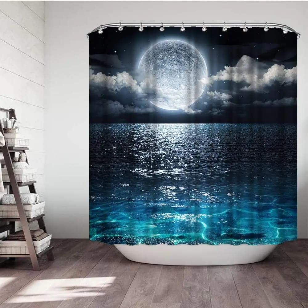 Tenda da doccia con stampa di cielo stellato e oceano al chiaro di luna, vista notturna sul mare, per decorare il bagno