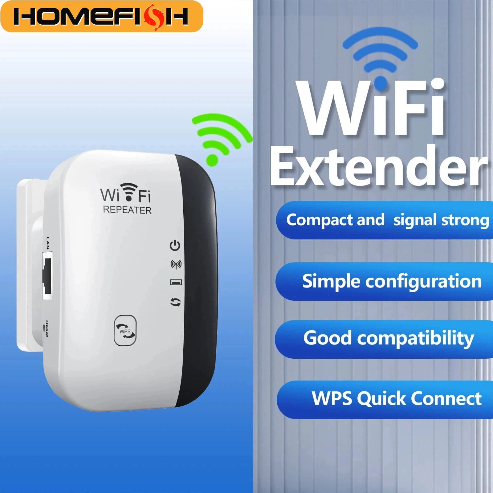 HOMEFISH Ripetitore WiFi 300Mbps, Amplificatore di Segnale Wireless 2.4G con Porta LAN, Connessione WPS One-Click, Estensore di Portata WiFi