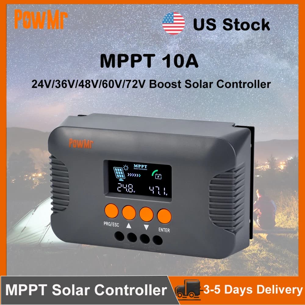 US Stock 10A MPPT Boost-Type Solar Charger Controller Compatible with 24V/36V/48V/60V/72V LiFePO4 Gel and Flooded Lead-acid Battery for RV Home Camp Boat