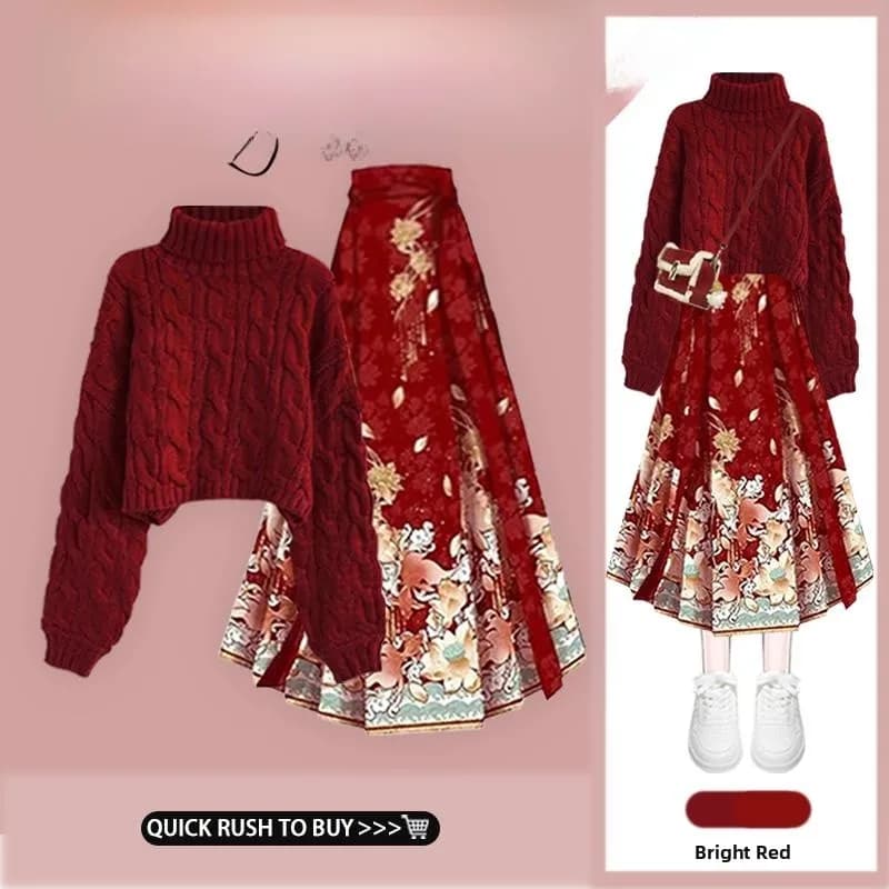 Red Twist High Collar Sweater Waist Cinching Skirt Two Piece Set Festive Wear Polyester Fiber Long Sleeve Overhead Style