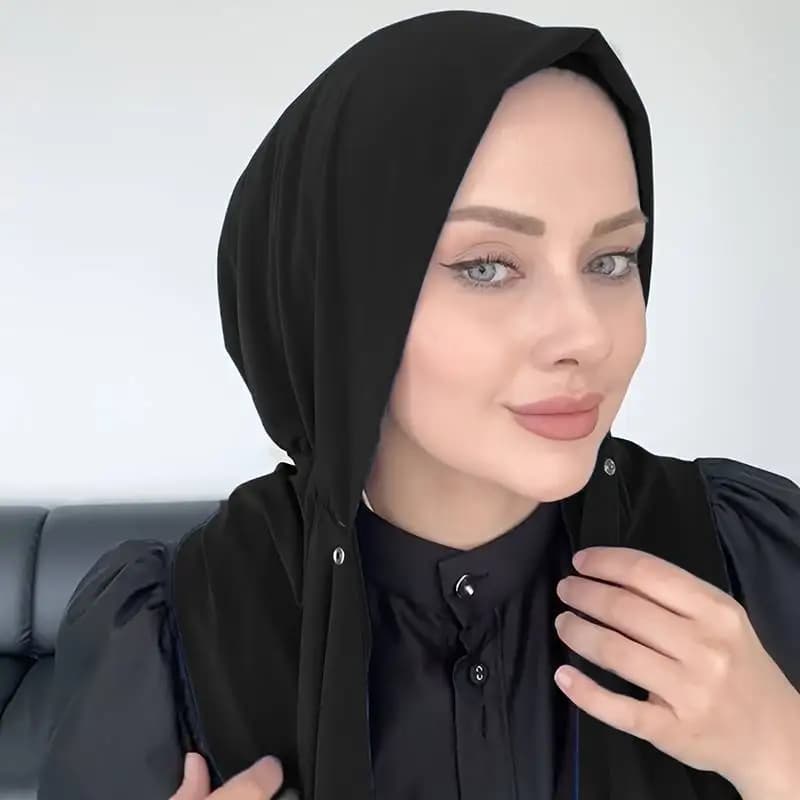 Scarf with integrated hat in solid color, Muslim style, with pressure button, gauze, dustproof.