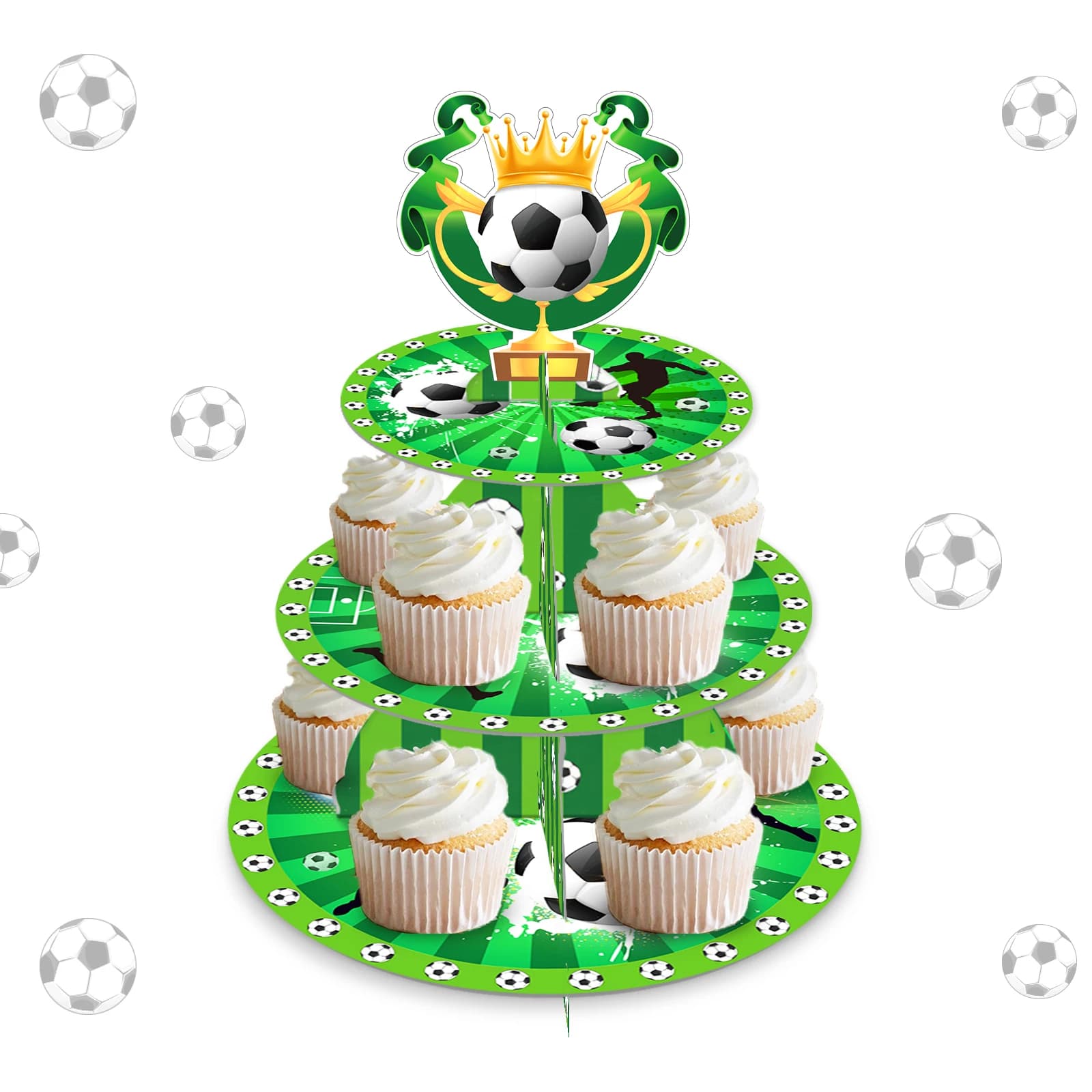 Espositore per torte per feste di calcio a 3 livelli, per bambini, compleanno, dessert, cupcake, supporto per baby shower, decorazione per vassoio per torte