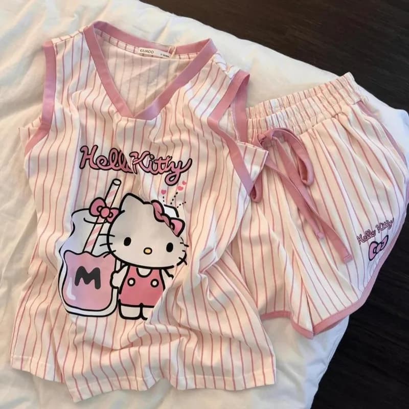 Top senza maniche rosa Hello Kitty per ragazze, abbigliamento sportivo Y2K, gilet estivo, pantaloncini con stampa anime, set di abbigliamento per la casa a righe alla moda.