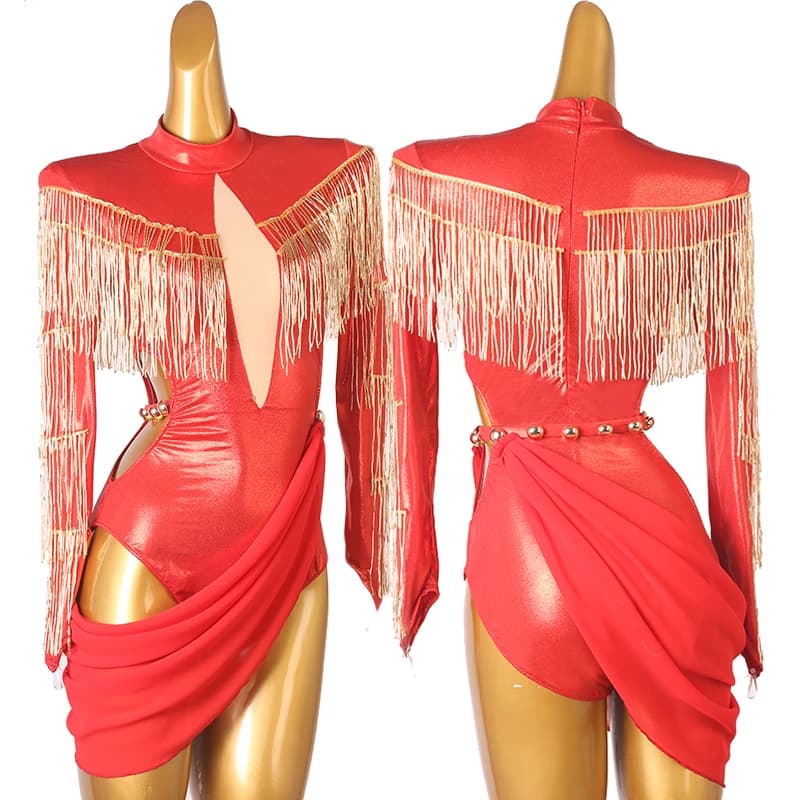 Abito da ballo latino da donna, abbigliamento da competizione, manica lunga, vestito da ballo rosso, spettacolo di danza latina per adulti, abbigliamento da palcoscenico 4949