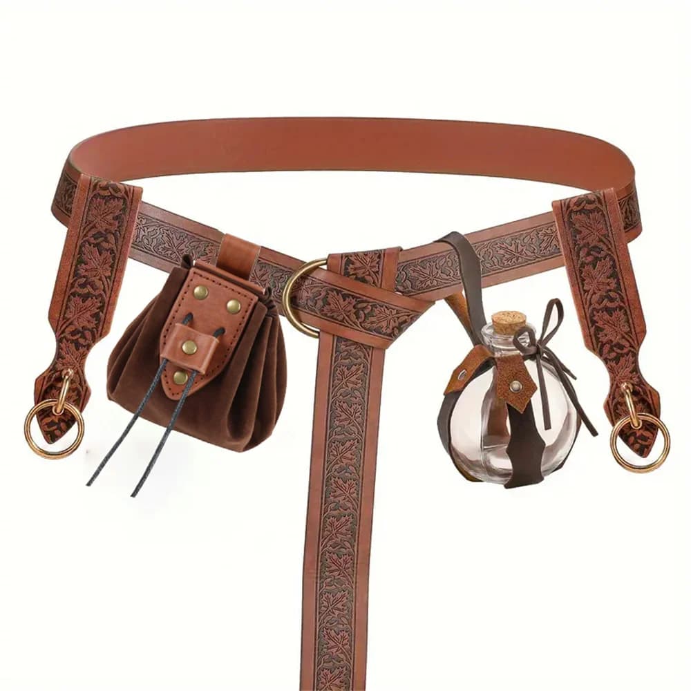 6 pezzi Medievale Coplay Rame Moneta Marsupio Elfo Foglia Retro Cintura in rilievo Gonna Clip Bottiglia magica in vetro Set Halloween Cosplay