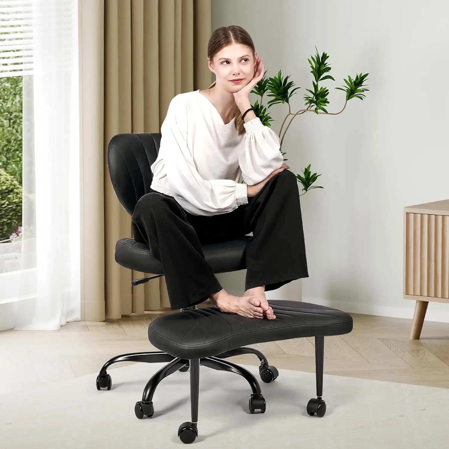 Sedia da Ufficio con Gambe Incrociate, Sedia Ergonomica a Gamba Incrociata con Ruote, Rotazione a 360° ° Sedia Girevole Regolabile in Altezza per Meditazione, Yoga e AD