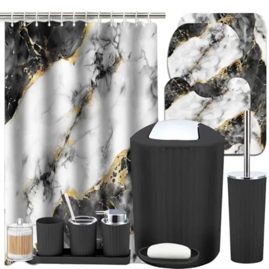 Set Bagno in Marmo 24 Pezzi Nero e Bianco con Tenda Doccia, Tappeti, Cestino, Porta Scopino WC e Porta Sapone