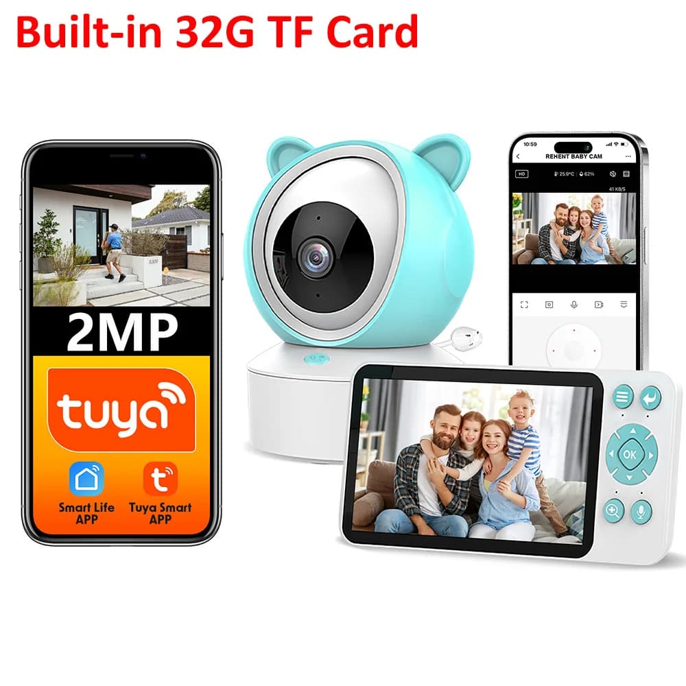 Tuya Smart Life Neonato Monitor HD 5 "Display Audio Ninna nanna Alimentazione Ricorda Visione notturna WiFi Telecamera 1080P con scheda TF 32G