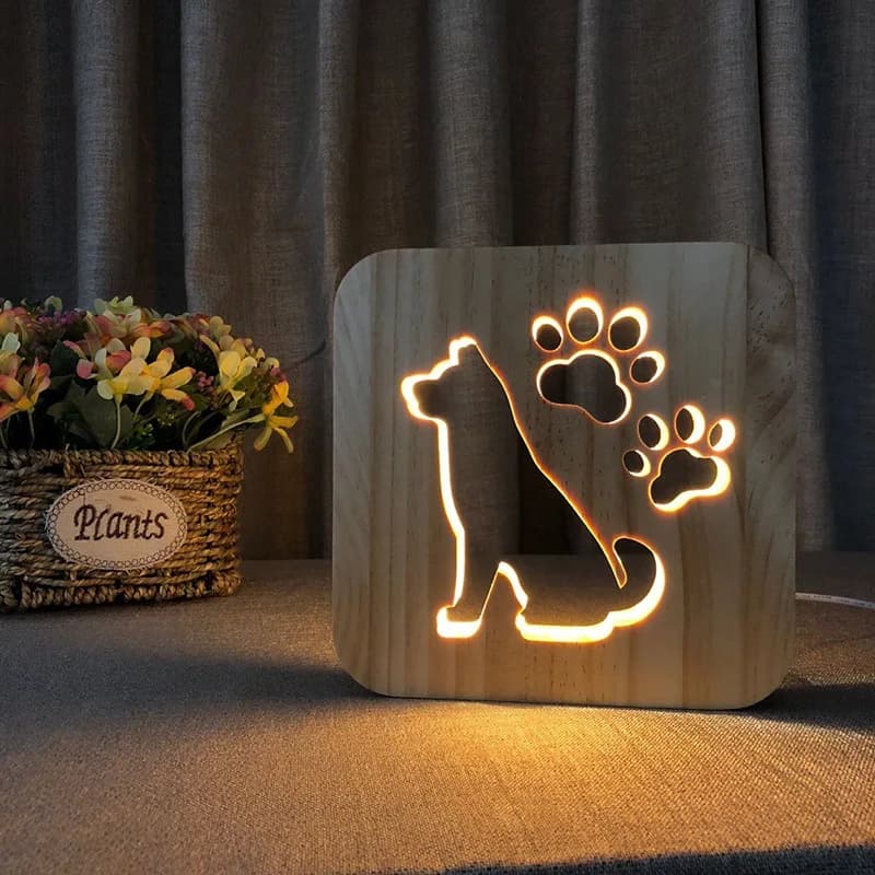 Luce Notturna LED USB a Forma di Zampa di Cane, Gatto o Lupo in Legno, Lampada Decorativa 3D per Camera da Letto dei Bambini, Regalo per Bambini