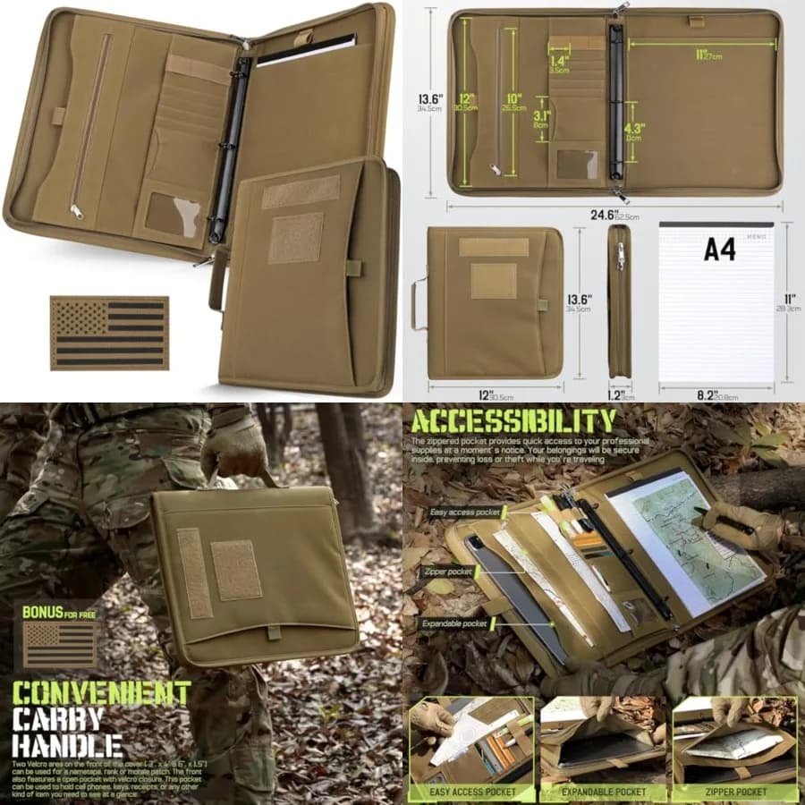 Portafoglio con raccoglitore a 3 anelli staccabile, copertina tattica con cerniera per quaderno con carta A4, borsa multi-tasca per il trasporto
