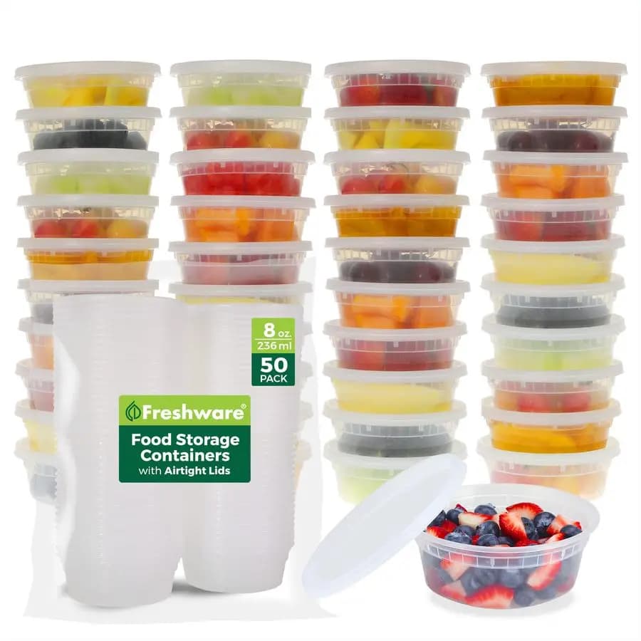 Contenitori per Alimenti, Set da 50, Contenitori in Plastica da 240 ml con Coperchi, per Slime, Zuppa, Preparazione Pasti, Senza BPA, Impilabili e a Prova di Perdite