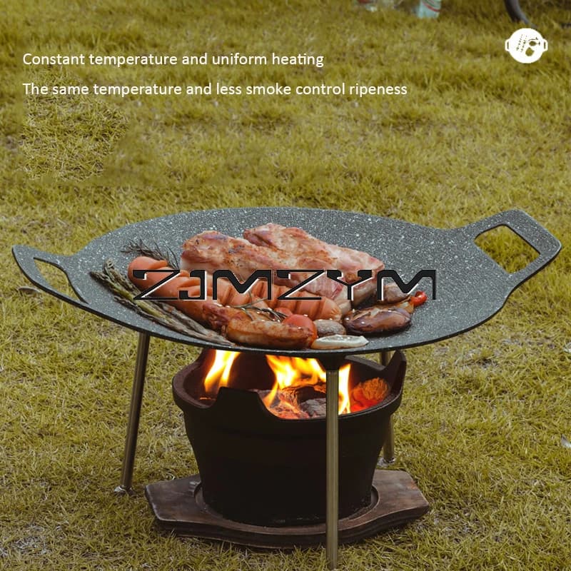 Round Grill Cast iron pan thick flat pan for Pancake non-stick plate Maifan stone stove tray for Barbecue pan for Barbecue
