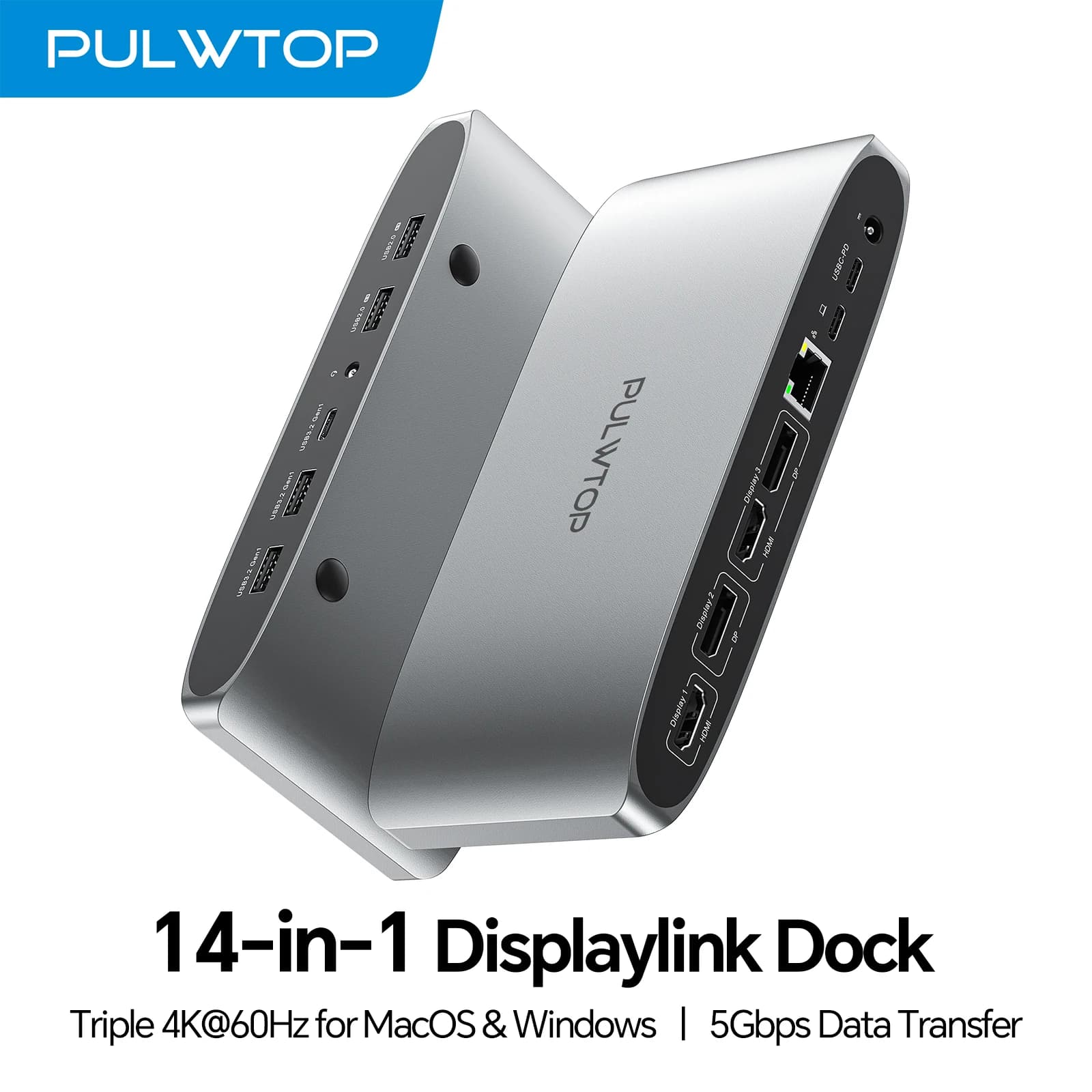 PULWTOP Docking station DisplayLink a triplo display con 2 HDMI, 2 porte display, PD, USB A/C, Ethernet, audio per MacBook/Windows