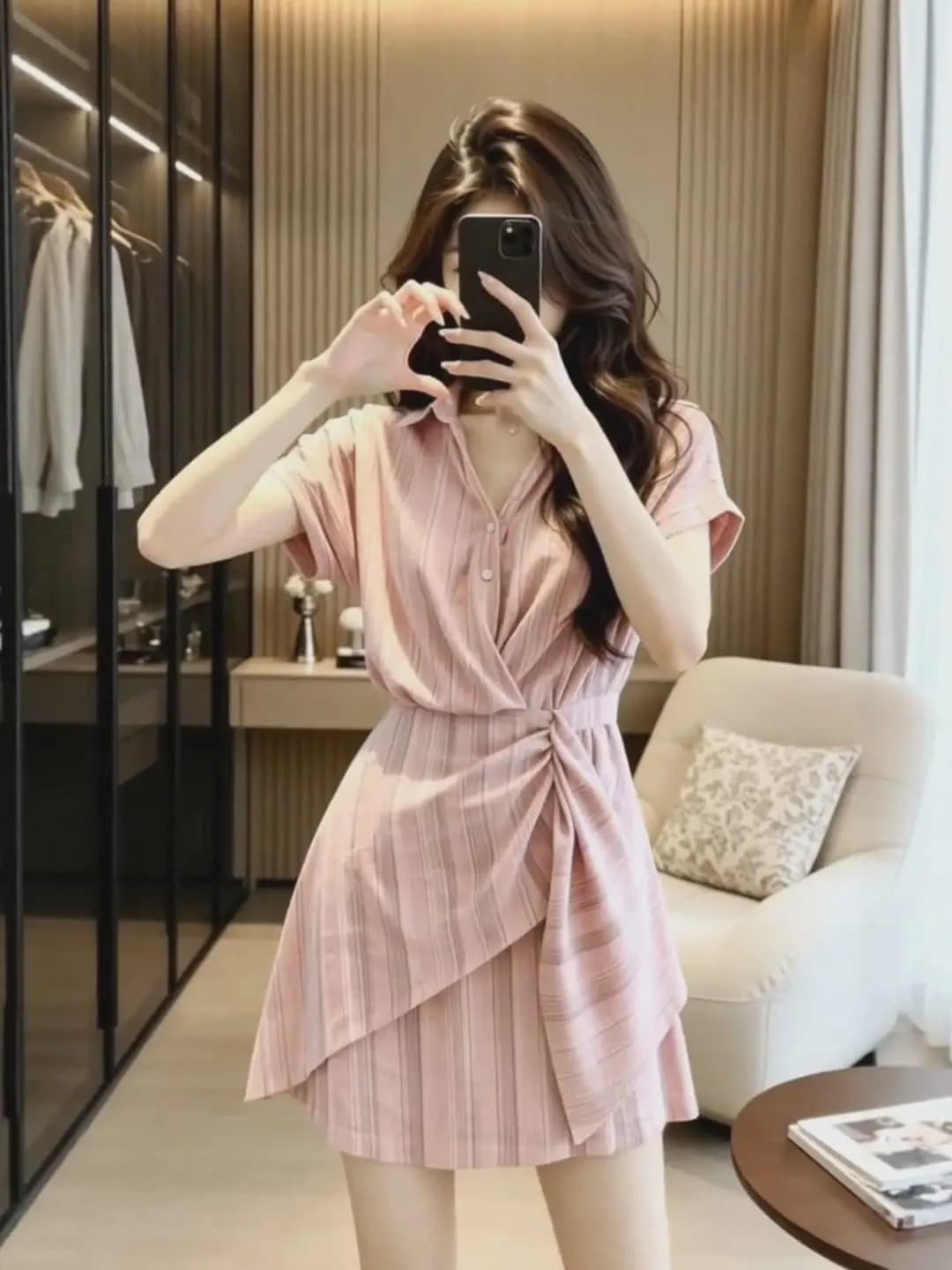 Korean Style V-Neck Striped Dress Women's Summer New Belted Waist Slimming Design Short Skirt Soft Medium Elastic No Spring S...