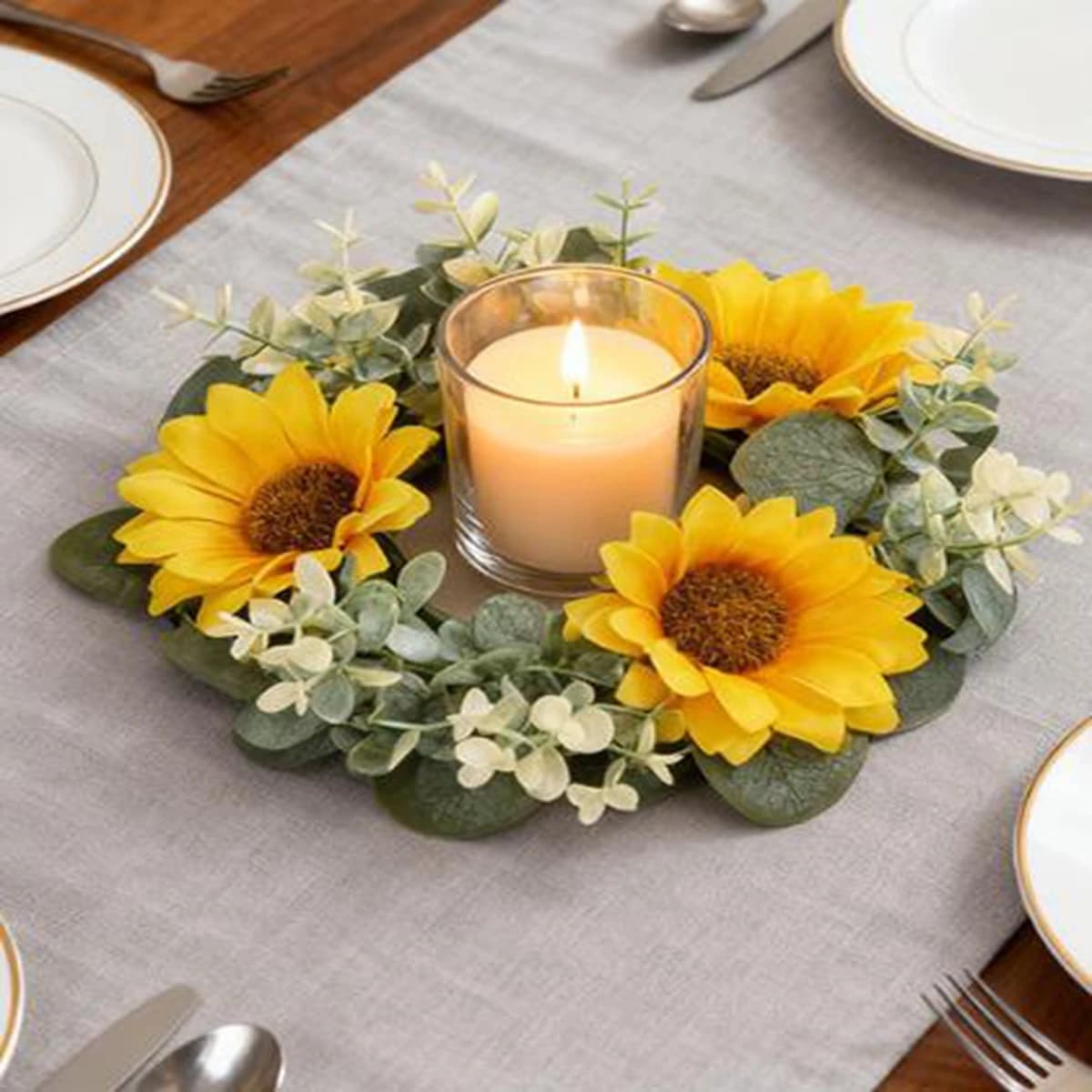 1Pc Artificial Sunflower Candle Ring Wreath Mini Garland Wedding Birthday Table Decor Home Window Wall Festival Hanging Ornament