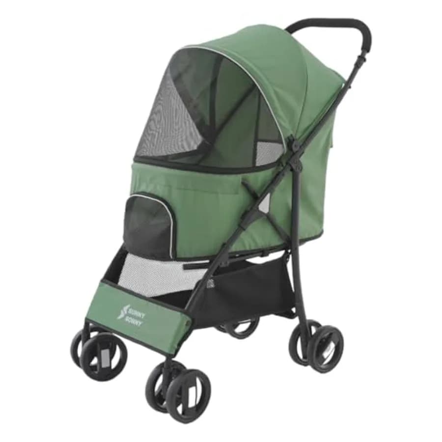 Passeggino pieghevole per animali domestici, ideale per viaggi e passeggiate quotidiane, tessuto in poliestere, verde, copertura antipioggia + cestino portaoggetti, supporta gli animali domestici