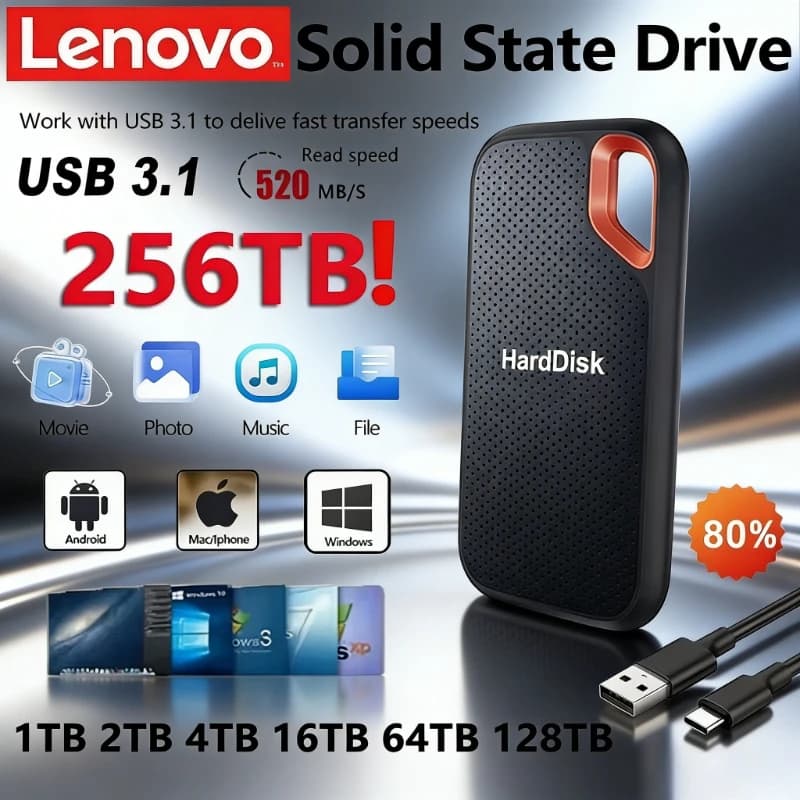 Disco Rigido Portatile Lenovo SSD E61 2TB 6TB 8TB 256TB USB 3.1 HD Disco Esterno per Laptop PS5 Dispositivi di Archiviazione HDD