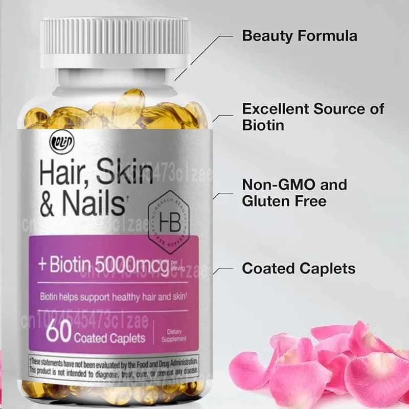 Vitamins for hair, skin and nails contain biotin and collagen supplements for men and women not genetically modified