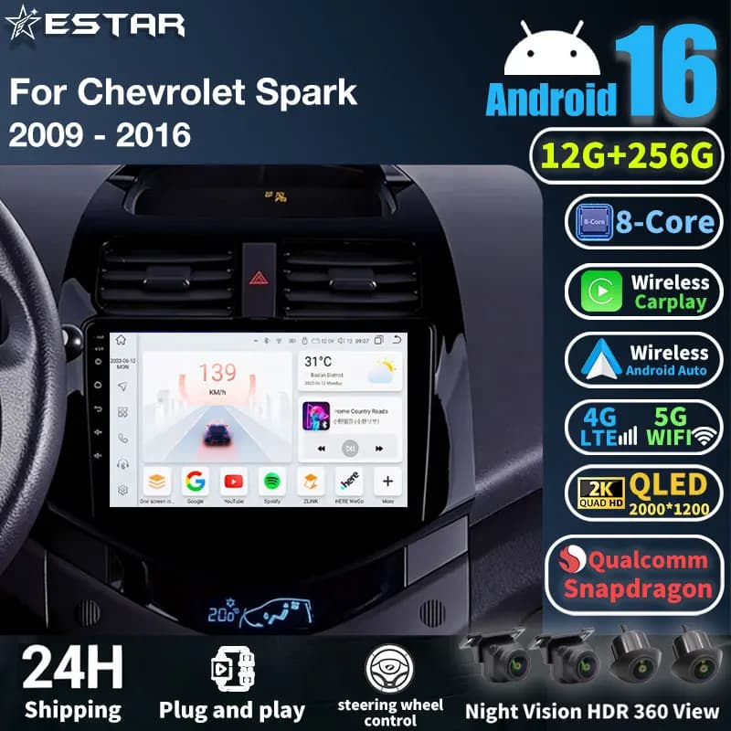 Autoradio Android 16 per Chevrolet Spark 2009-2016 con GPS, Navigazione, Lettore Multimediale, Wireless Carplay 2 DIN