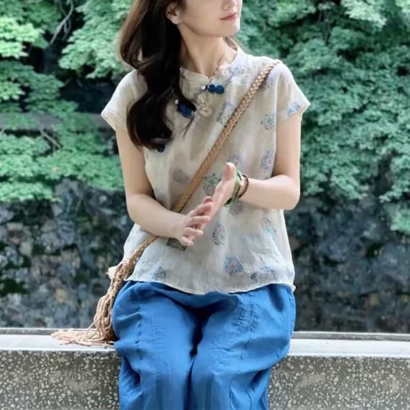 Loose Cotton Linen T-Shirt Women's plus Size Summer New Chinese Style Belly Covering Base Shirt Artistic Commute Style Short ...