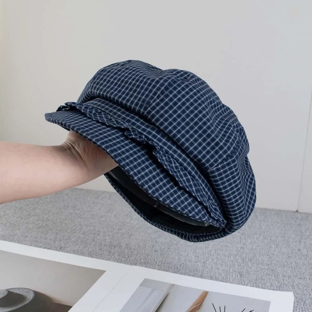 Berretto a tinta unita con motivo a quadri fini, stile coreano, con volant, a circonferenza ampia, versatile, in poliestere, cappello da pittore primaverile