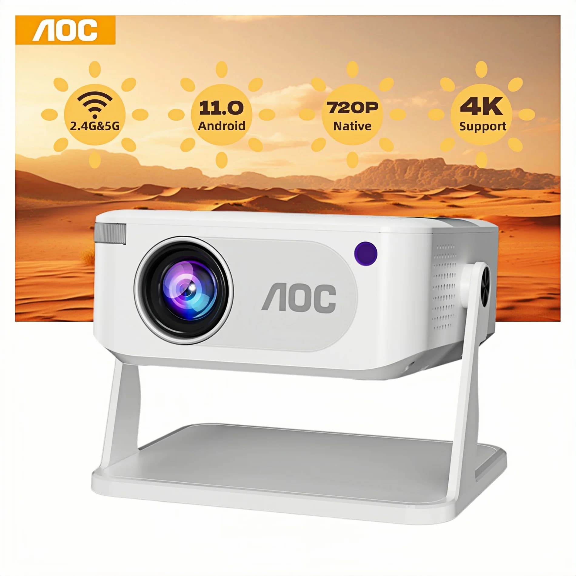 AOC HA109-PRO Portable Projector Native 720P 200 ANSI Wi-Fi 6 BT5.0 360° Stand Auto Keystone 4K Decode Mini Beamer Home Cinema