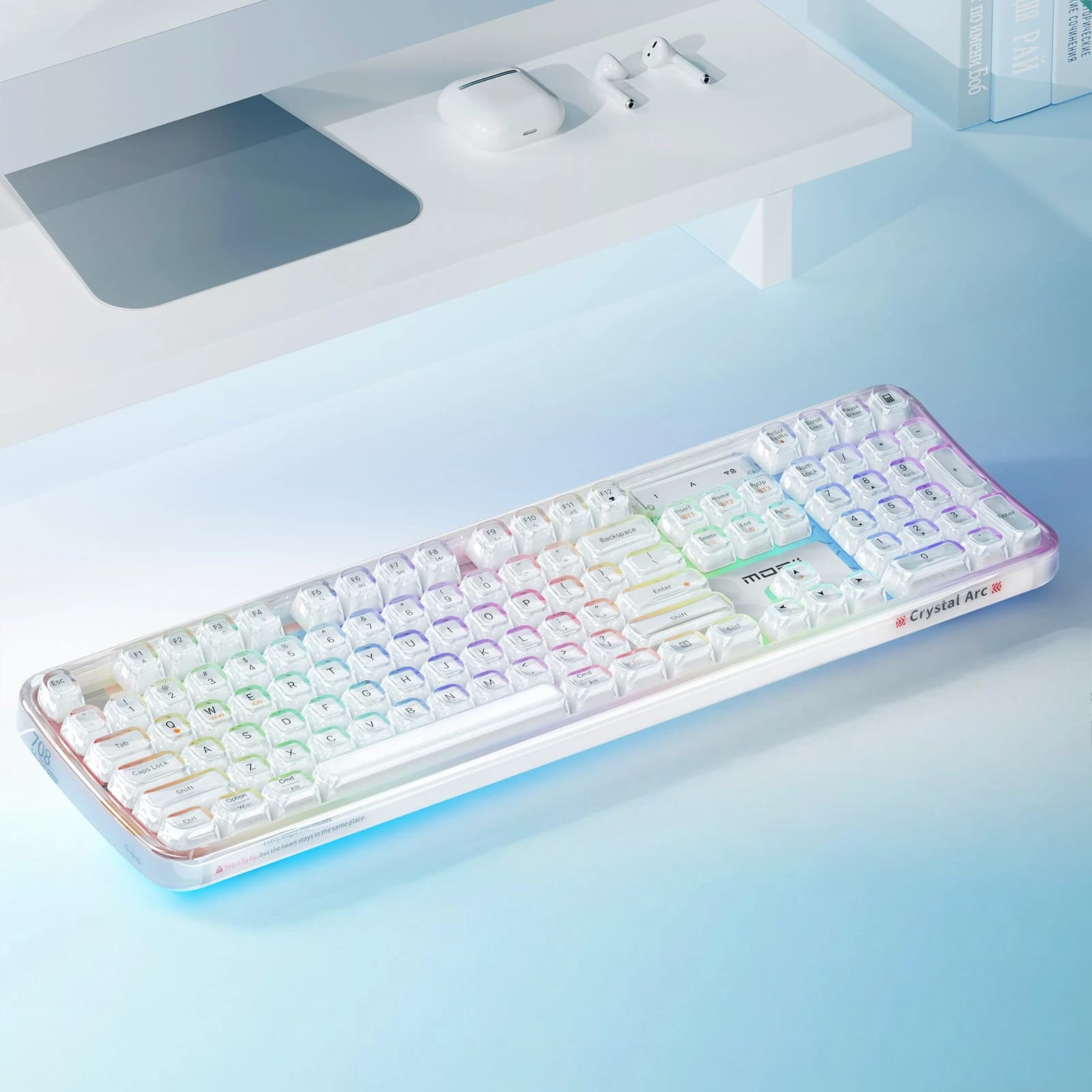MOFii 708 Tri-Mode Rechargeable White Transparent Membrane Keyboard with Multi RGB Backlit, for Laptop Desktop Tablet