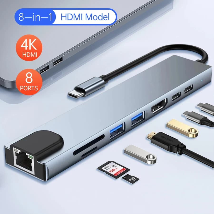 Docking station HUB USB type C 8 in 1 87W PD USB 3.0 2.0 4K HDMI RJ45 Card reader Micro SD TF Converter Portable tablet phone disc