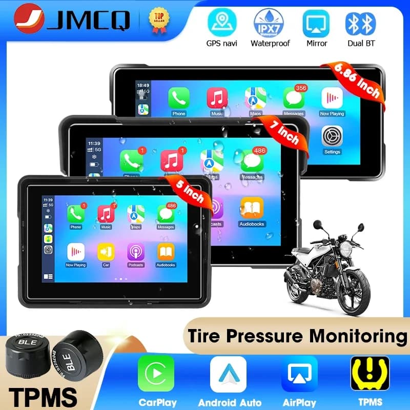 Portable GPS Navigation for CarPlay Wireless Android Auto Dual Support Bluetooth TPMS IPX7 Monitor Waterproof Motorcycle