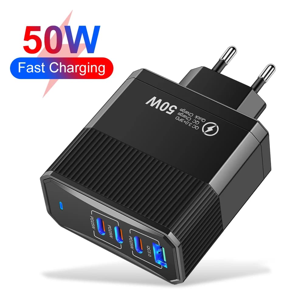 50W USB C Fast Charger 4-Port 1USB A 3Type C PD QC3.0 Wall Adapter for iPhone Samsung Xiaomi EU US UK KR Plug Travel Charger