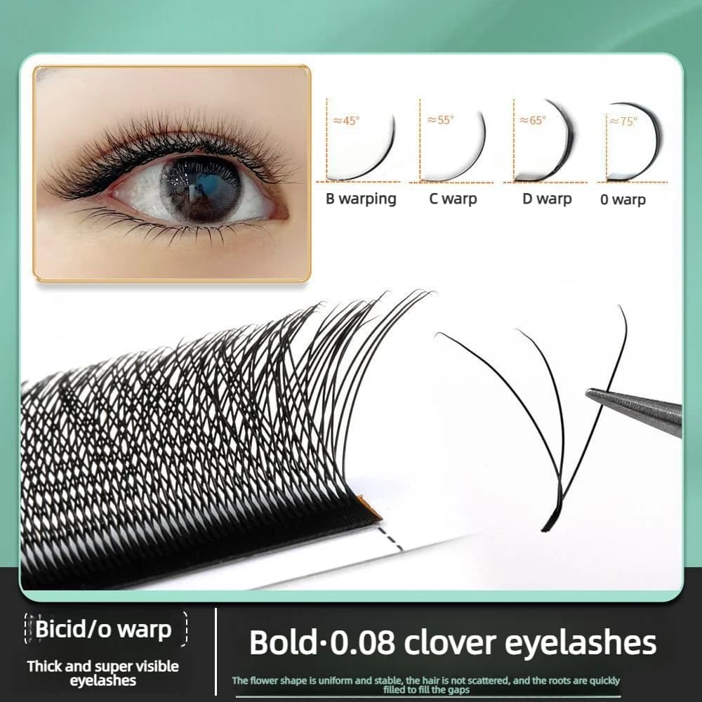 Ciglia Finte 3D a Quadrifoglio 0.08mm C Curl Volume Spesso, Ciglia Finte Professionali per Salone, Effetto Naturale e Voluminoso