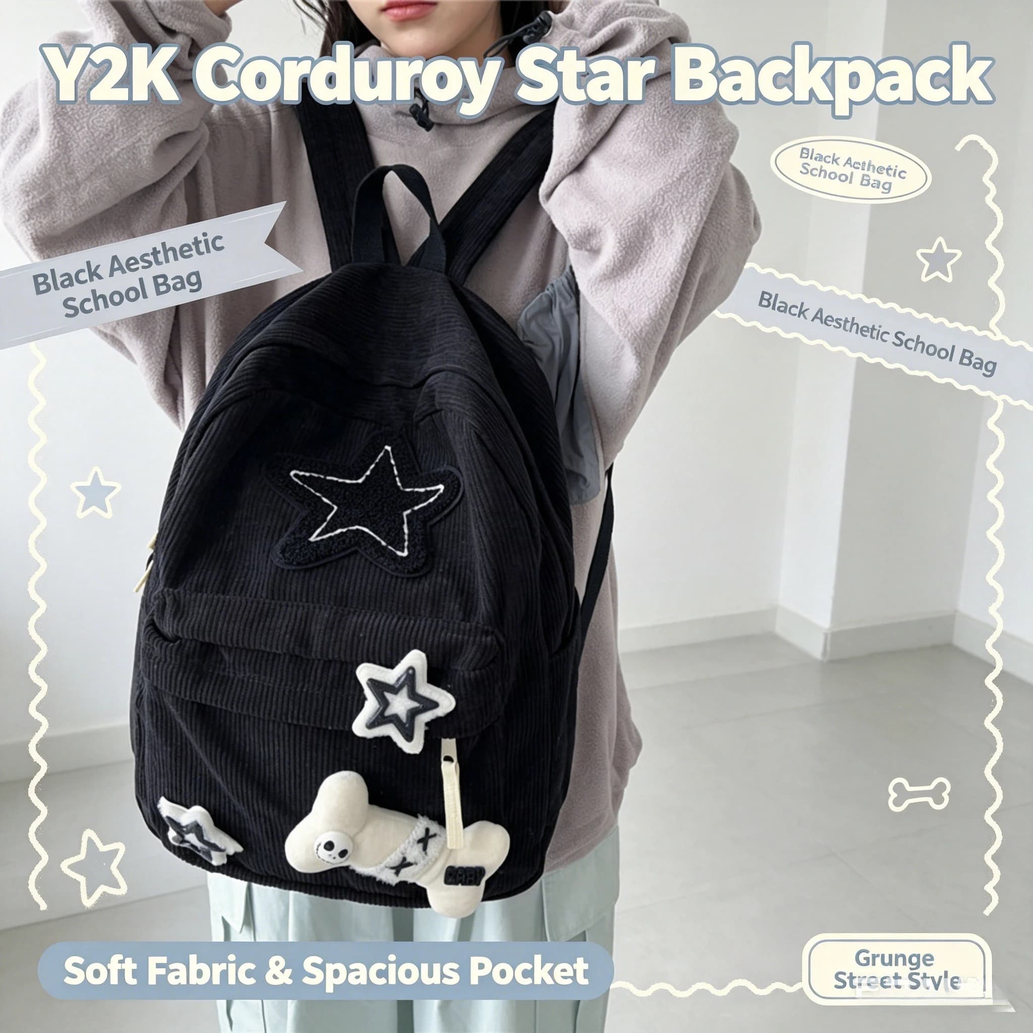 Korean Y2K Harajuku Corduroy Backpack B&W Star Patch Goth Skull Doll Cute Japanese Streetwear Student Rucksack Teen Girls