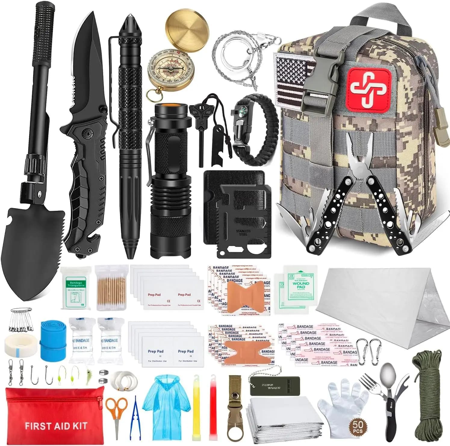 Emergency Survival Kit from 238 pieces with first aid, Mole tactical bag and outdoor adventure tent, camping, hiking