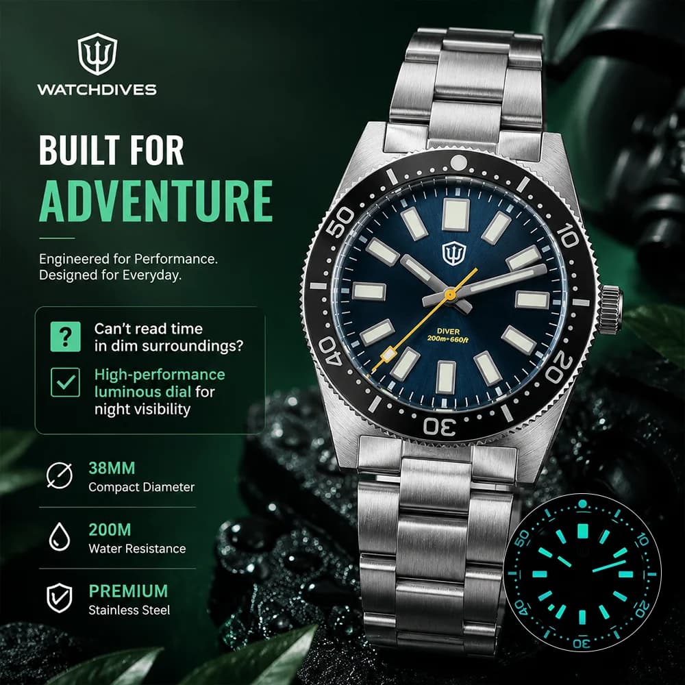 Watchdives 37Mm WD1965 V2 Man Watches VH31 Sweep Quartz Wristwatch Sapphire 200M Waterproof BGW9 Luminous Slim Wrist Men Watch
