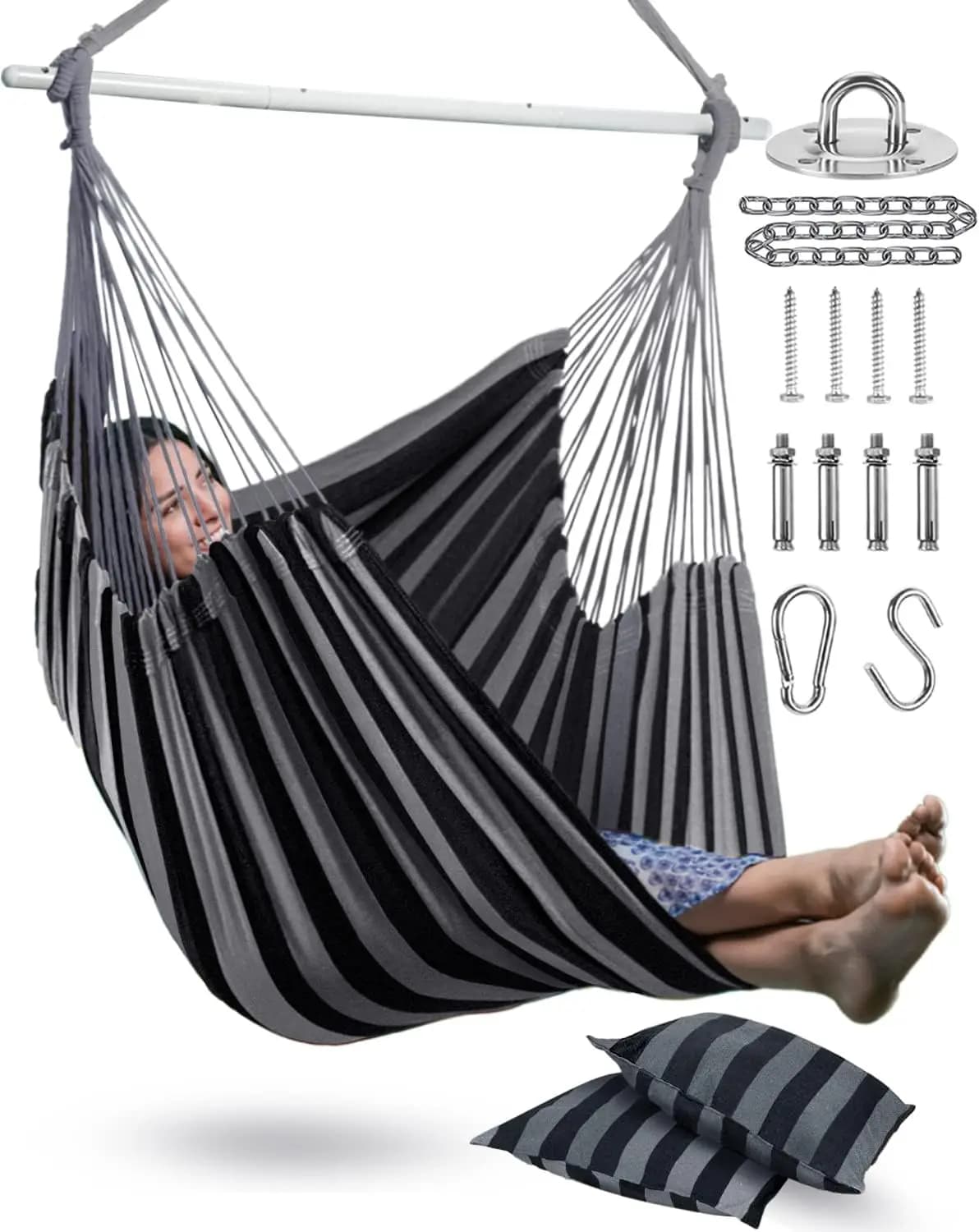 XXL pendulum chair with 2 cushions - Supports up to 227 kg, Ideal for Patio, Veranda, Bedroom, Garden - Includes Installation Accessories