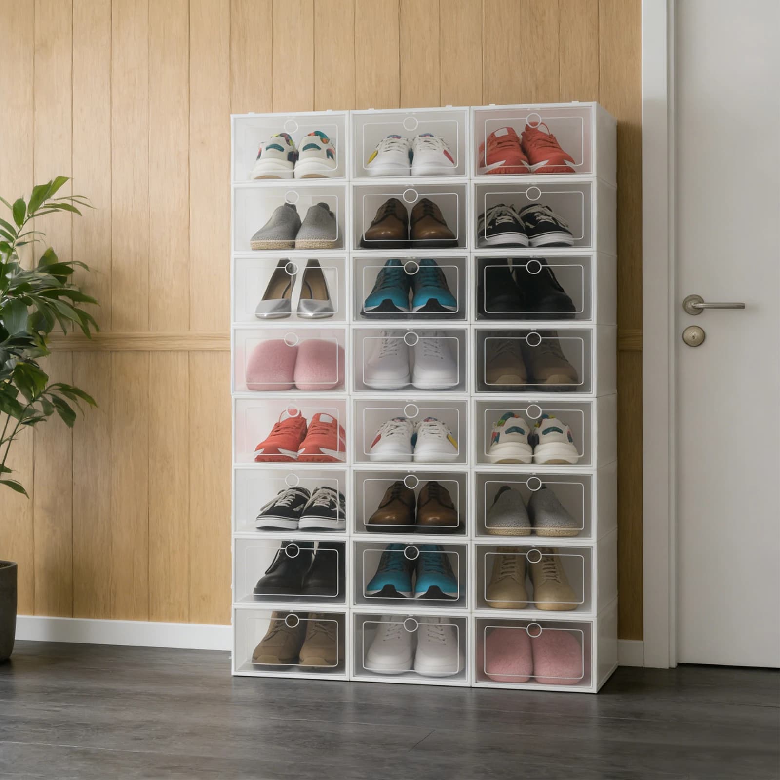 Confezione da 24 Scatole Grandi Bianche per Scarpe con Fori Rotondi, Contenitore Impilabile in Plastica per Sneaker e Organizzazione Armadio