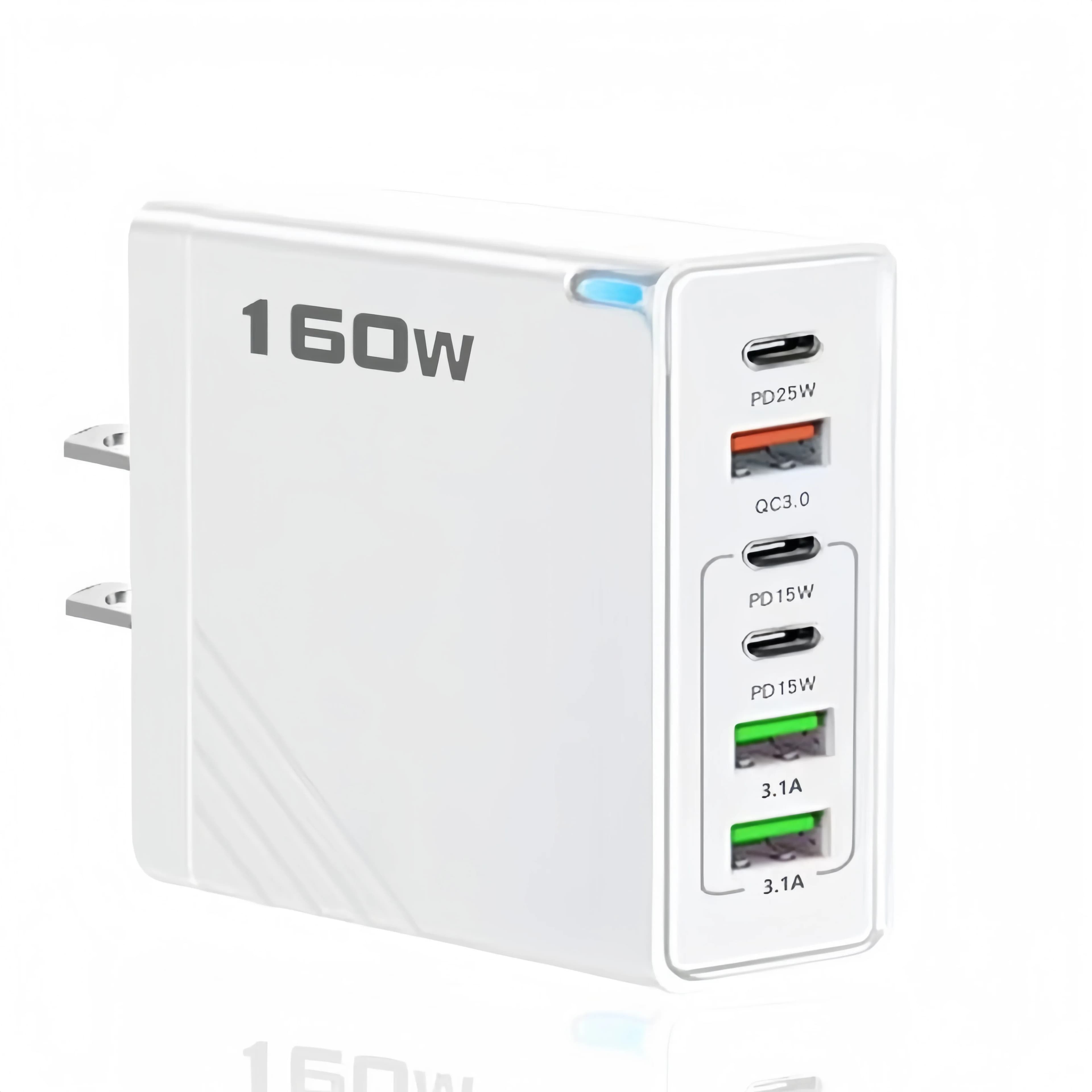 160W 6 Ports Multi Fast Charger US Plug White 3PD Type C+3USB-A QC3.0 Wall Charger Travel Power Adapter For iPhone Samsung