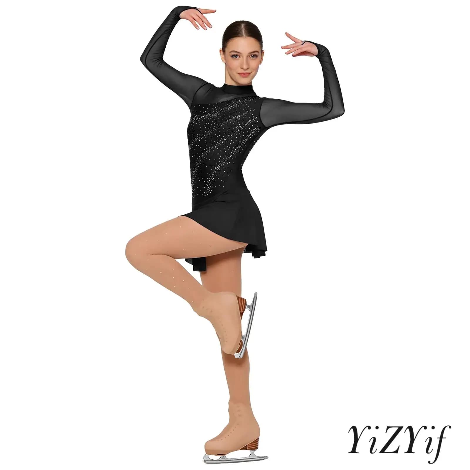 Costume da donna professionale per pattinaggio su ghiaccio, danza, ginnastica, balletto, danza, vestito con copristivali, collant, abbigliamento da ballo