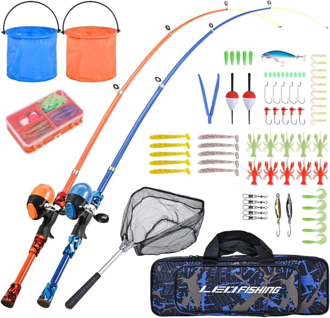 Set da Pesca Portatile per Bambini, 2 Canne Telescopiche per Ragazzi e Ragazze con Kit Completo, Rete e Secchio