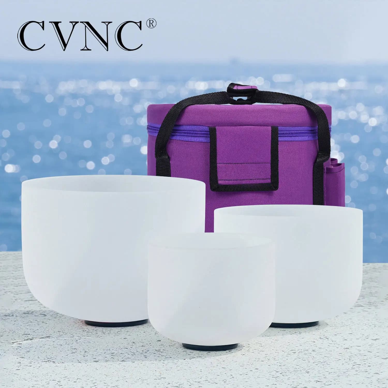CVNC 8"A 10"F 12"C Frosted Quartz Crystal Singing Bowl set of 3pcs Chakra for Sound Healing Keep Balance with 12" carry Bag
